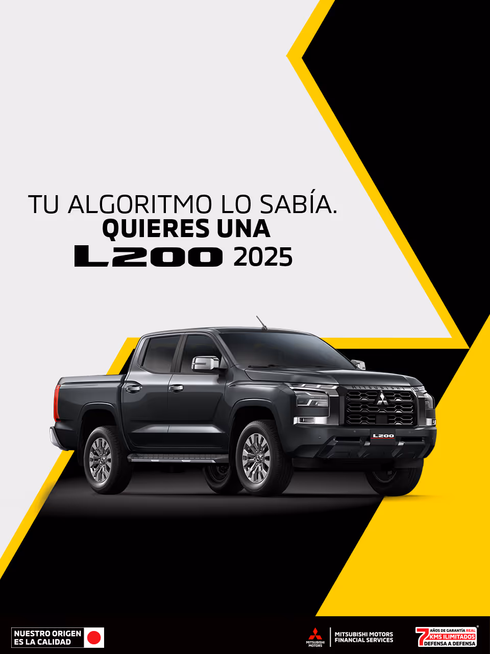 Estrena una Mitsubishi L200 GLS AT 4x4 DSL 2025 desde $758,600.00 M.N. (1) + 1 año de Seguro Gratis(2) + 0% Comisión por Apertura(3) o Tasa 8.1% (3) solo con Mitsubishi Motors Financial Services.