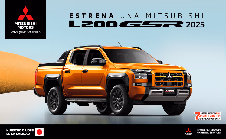Estrena una Mitsubishi L200 GSR 2025 con tasa desde 9.9%(1) + 1 año de Seguro Gratis(2) + 0% Comisión por Apertura(3) solo con Mitsubishi Motors Financial Services. Estrena una Mitsubishi L200 GSR 2025 con tasa desde 9.9%(1) + 1 año de Seguro Gratis(2) + 0% Comisión por Apertura(3) solo con Mitsubishi Motors Financial Services.