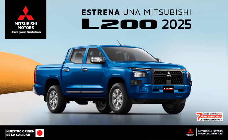 Estrena una Mitsubishi L200 2025 con tasa desde 9.9%(1) + 1 año de Seguro Gratis(2) + 0% Comisión por Apertura(3) solo con Mitsubishi Motors Financial Services. Estrena una Mitsubishi L200 2025 con tasa desde 9.9%(1) + 1 año de Seguro Gratis(2) + 0% Comisión por Apertura(3) solo con Mitsubishi Motors Financial Services.