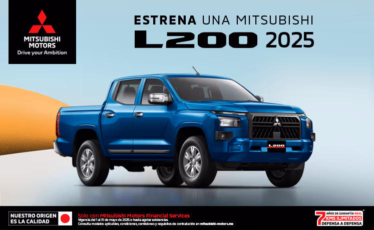 Estrena una Mitsubishi L200 2025 con tasa desde 9.9%(1) + 1 año de Seguro Gratis(2) + 0% Comisión por Apertura(3) solo con Mitsubishi Motors Financial Services Estrena una Mitsubishi L200 2025 con tasa desde 9.9%(1) + 1 año de Seguro Gratis(2) + 0% Comisión por Apertura(3) solo con Mitsubishi Motors Financial Services