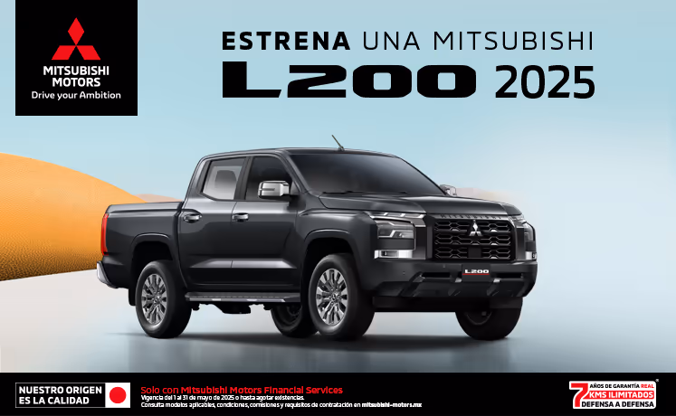 Estrena una Mitsubishi L200 GLX TM 4x4 DSL 2025 con tasa desde 9.9%(1) + 1 año de Seguro Gratis(2) + 0% Comisión por Apertura(3) solo con Mitsubishi Motors Financial Services. Estrena una Mitsubishi L200 GLX TM 4x4 DSL 2025 con tasa desde 9.9%(1) + 1 año de Seguro Gratis(2) + 0% Comisión por Apertura(3) solo con Mitsubishi Motors Financial Services.