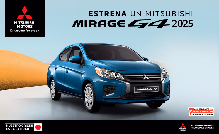 Estrena un Mitsubishi Mirage G4 2025 con tasa desde 9.9%(1) o con mensualidades desde $3,899.00 M.N.(2) + 0% Comisión por Apertura(3) solo con Mitsubishi Motors Financial Services. Estrena un Mitsubishi Mirage G4 2025 con tasa desde 9.9%(1) o con mensualidades desde $3,899.00 M.N.(2) + 0% Comisión por Apertura(3) solo con Mitsubishi Motors Financial Services.