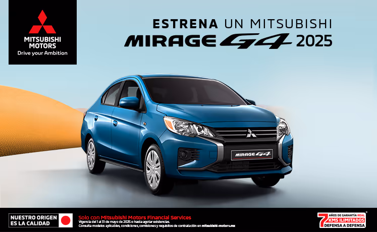 Estrena un Mitsubishi Mirage G4 2024 con tasa desde 8.9%(1) o 1 año de Seguro Gratis(2) o con mensualidades desde $3,499.00 M.N.(3) + 0% Comisión por Apertura(4) solo con Mitsubishi Motors Financial Services Estrena un Mitsubishi Mirage G4 2024 con tasa desde 8.9%(1) o 1 año de Seguro Gratis(2) o con mensualidades desde $3,499.00 M.N.(3) + 0% Comisión por Apertura(4) solo con Mitsubishi Motors Financial Services