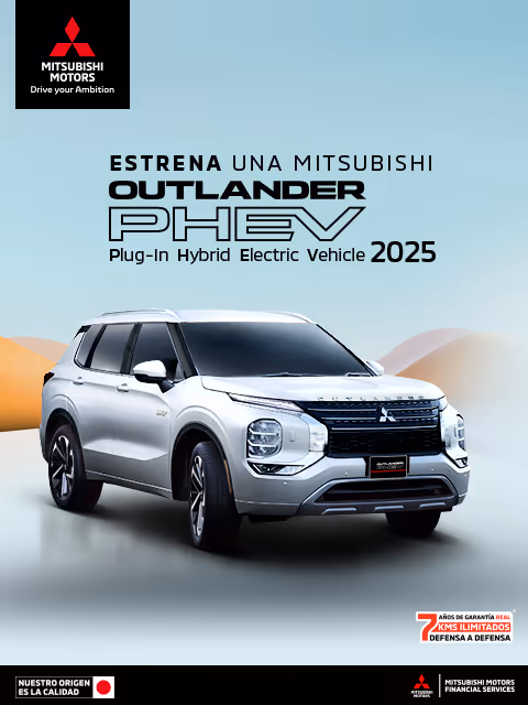 Estrena una Mitsubishi Outlander PHEV 2025 con con tasa desde 9.9%(1)  + 1 año de Seguro Gratis(2) o 24 Meses sin Intereses(3)  + 0% Comisión por Apertura(4) solo con Mitsubishi Motors Financial Services.