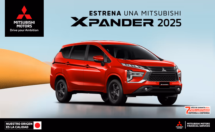 Estrena una Mitsubishi Xpander 2025 con tasa desde 4.9%(1) o tasa desde 9.9%(2) + 1 año de Seguro Gratis(3) + 0% Comisión por Apertura(4) solo con Mitsubishi Motors Financial Services. Estrena una Mitsubishi Xpander 2025 con tasa desde 4.9%(1) o tasa desde 9.9%(2) + 1 año de Seguro Gratis(3) + 0% Comisión por Apertura(4) solo con Mitsubishi Motors Financial Services.